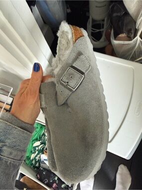 Birkenstock Boston Clogs - Gray Suede with Gray Shearling